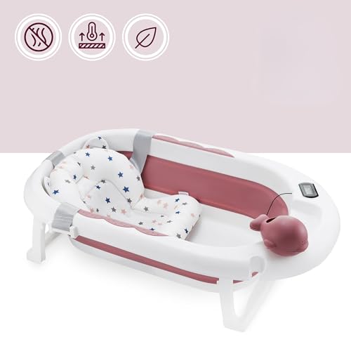 Moby-System Foldable Baby Bathtub with Insert, LCD Thermometer & Frame - Secure Hold from Birth, Ergonomic