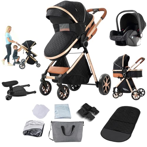 Reenborn 3-in-1 Pushchair, Buggy with Two Reversible Sliding Modes, Pushchair with Frame Aluminium Alloy, Baby Pram, 3-in-1 Complete Set with One-Click Folding Design