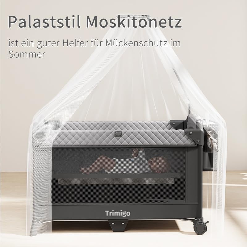Trimigo 4-in-1 Baby Cot, Travel Cot, Height Adjustable, Children's Travel Cot & Side Cot, 120 x 70 cm