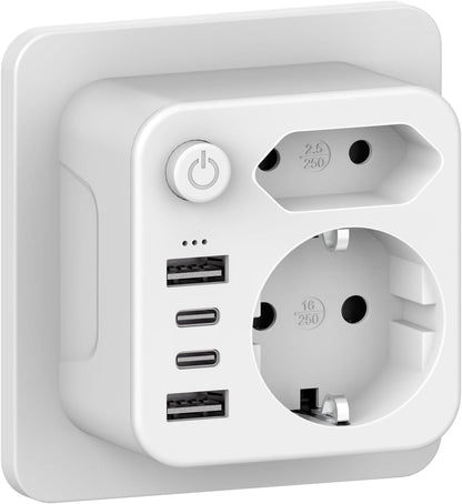 Aipsdo Double plug for USB socket, multiple socket with 4 USB power plugs, USB C adapter, socket adapter, 2-way plug with USB, multiple plug for socket, USB multiple plug