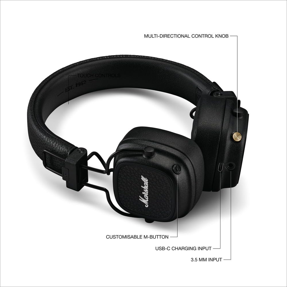 Marshall Major V Bluetooth Headphones, 100 Hours Playtime - Black