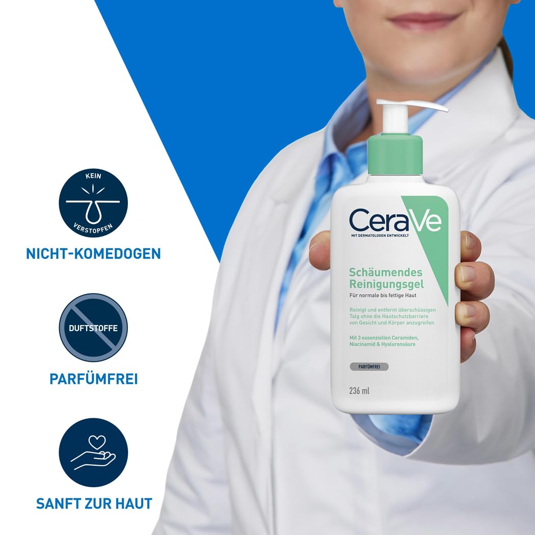 CeraVe Schäumendes Reinigungsgel und Feuchtigkeitslotion, Mit Hyaluronsäure, Für Gesicht und Körper, Ohne Duftstoffe, Auch bei Neurodermitis und Allergien, 473 ml + 88 ml