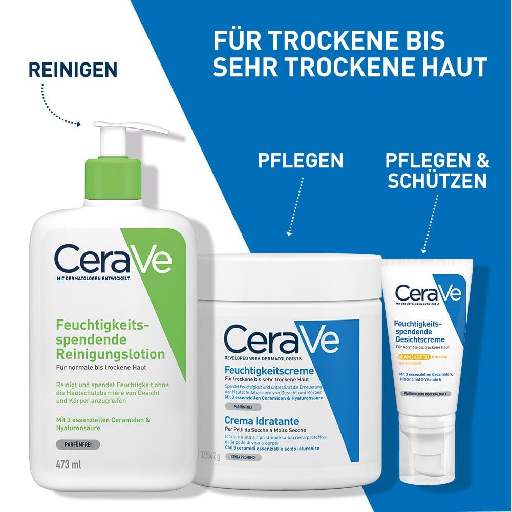 CeraVe Feuchtigkeitscreme für Körper und Gesicht, für trockene bis sehr trockene Haut, Mit Hyaluron und 3 essenziellen Ceramiden, Auch bei Neurodermitis und für Allergiker