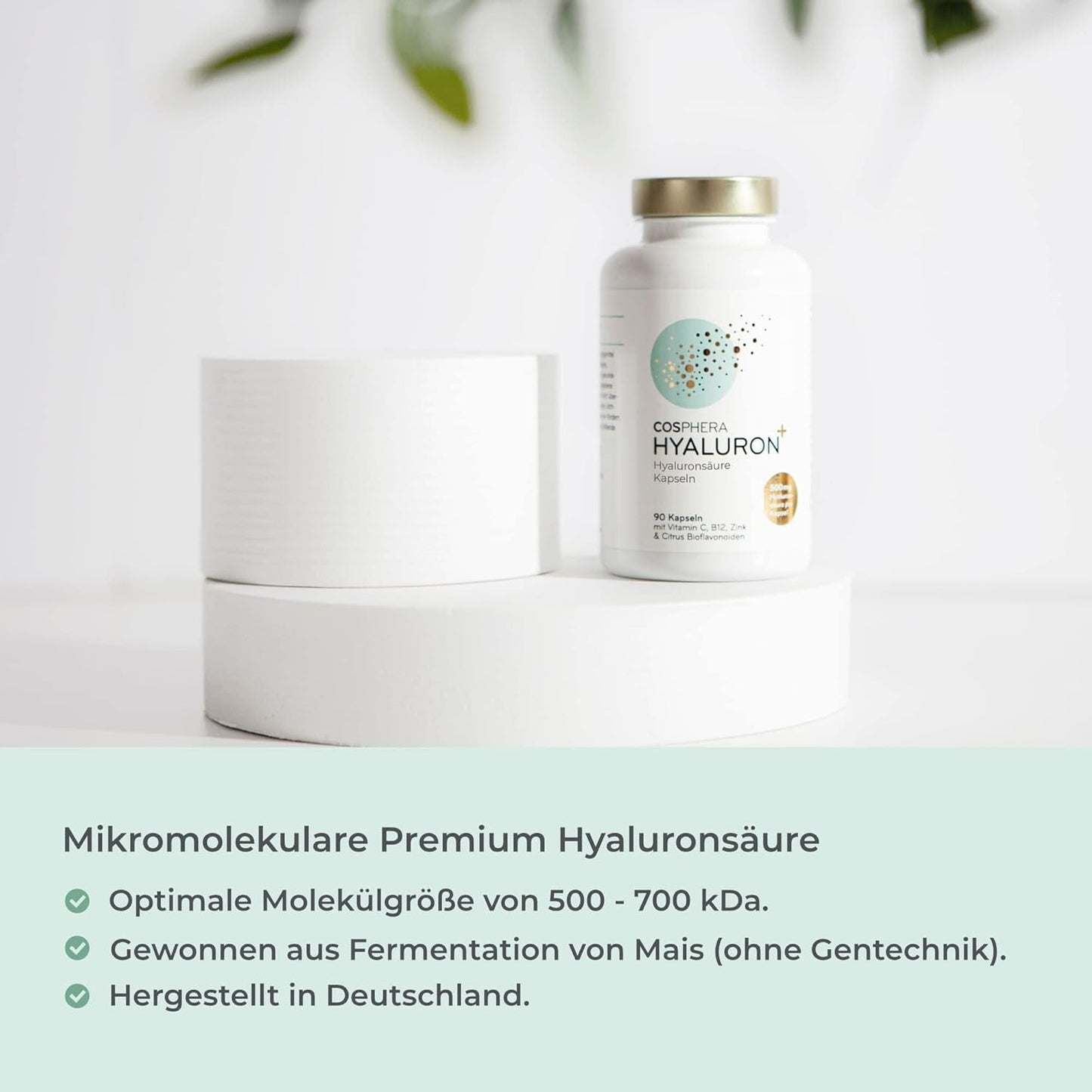 Hyaluronsäure Kapseln hochdosiert mit 500 mg pro Kapsel - 90 vegane Hyaluron Kapseln im 3 Monatsvorrat - 500-700 kDa I Angereichert mit Zink als Beitrag zum Erhalt normaler Haut und Knochen.