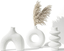 Vankarr Weiße Keramikvase Satz von 3, kleine Trockenblumen Vasen für Pampasgras, handgemachte Vase,Moderne Boho Vasen für Wohnungsdeko Hochzeit Dekor