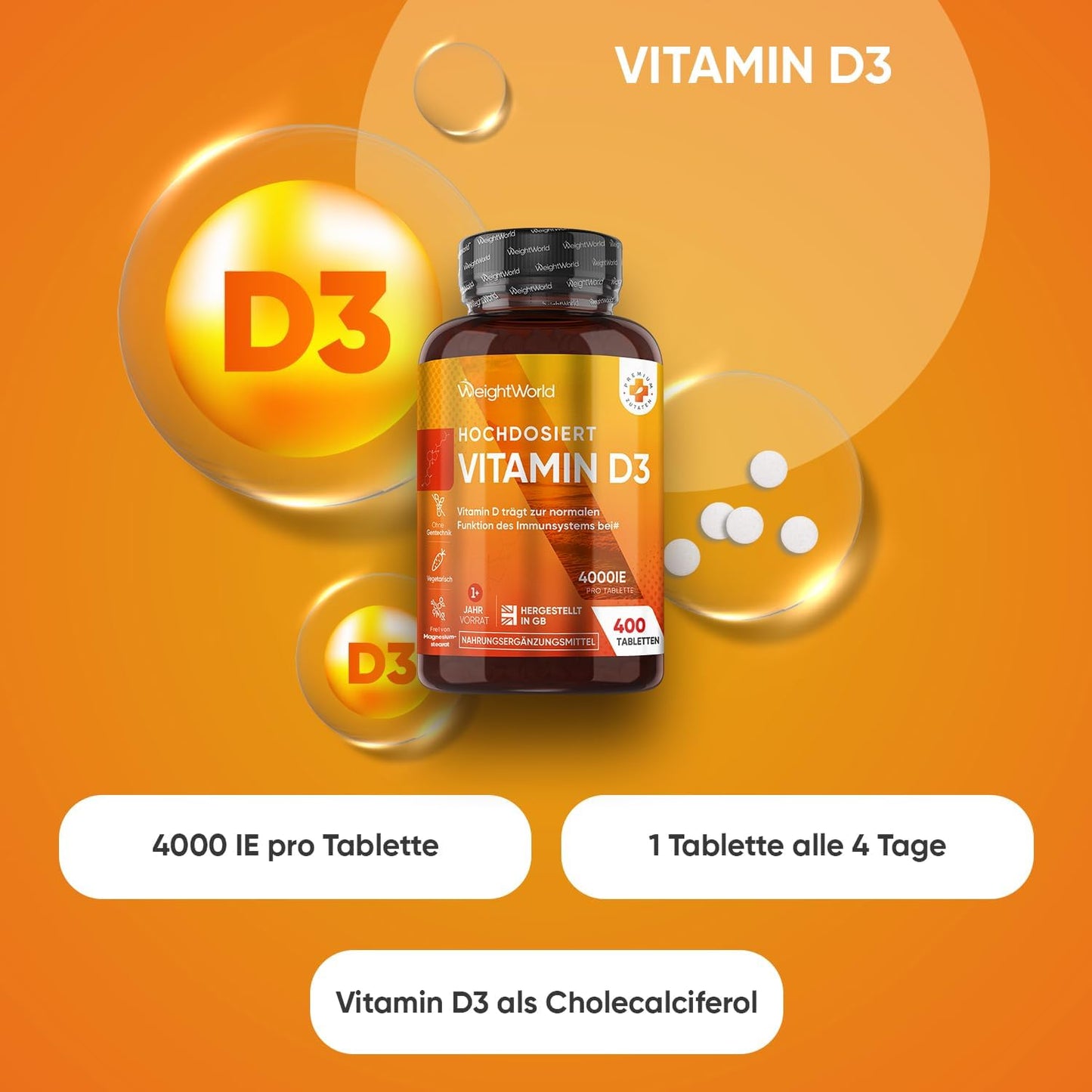 Vitamin D3 4000 IE - 400 Tabletten - Vitamin D trägt zur Erhaltung normaler Knochen - Sonnenvitamin - Cholecalciferol - Frei von Magnesiumstearat, Ohne Zusatzstoffe