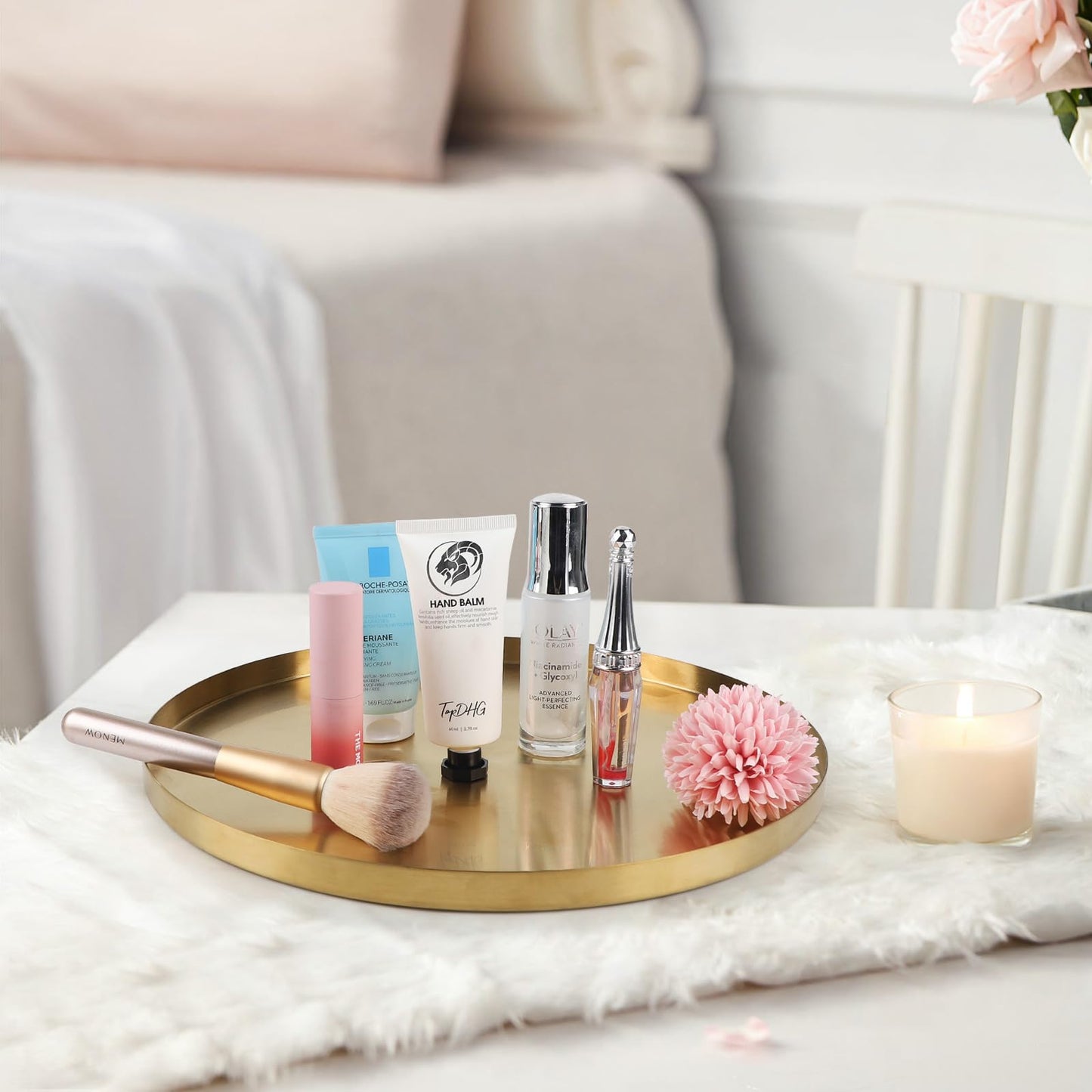 EXLECO 2 Badzimmer Deko Tablett Gold Servierplatte Mini Bad Dekotablett Edelstahl Serviertablett Schmuckschale Kerzentablett Oval Ablageschale für Schmuck Kerzen