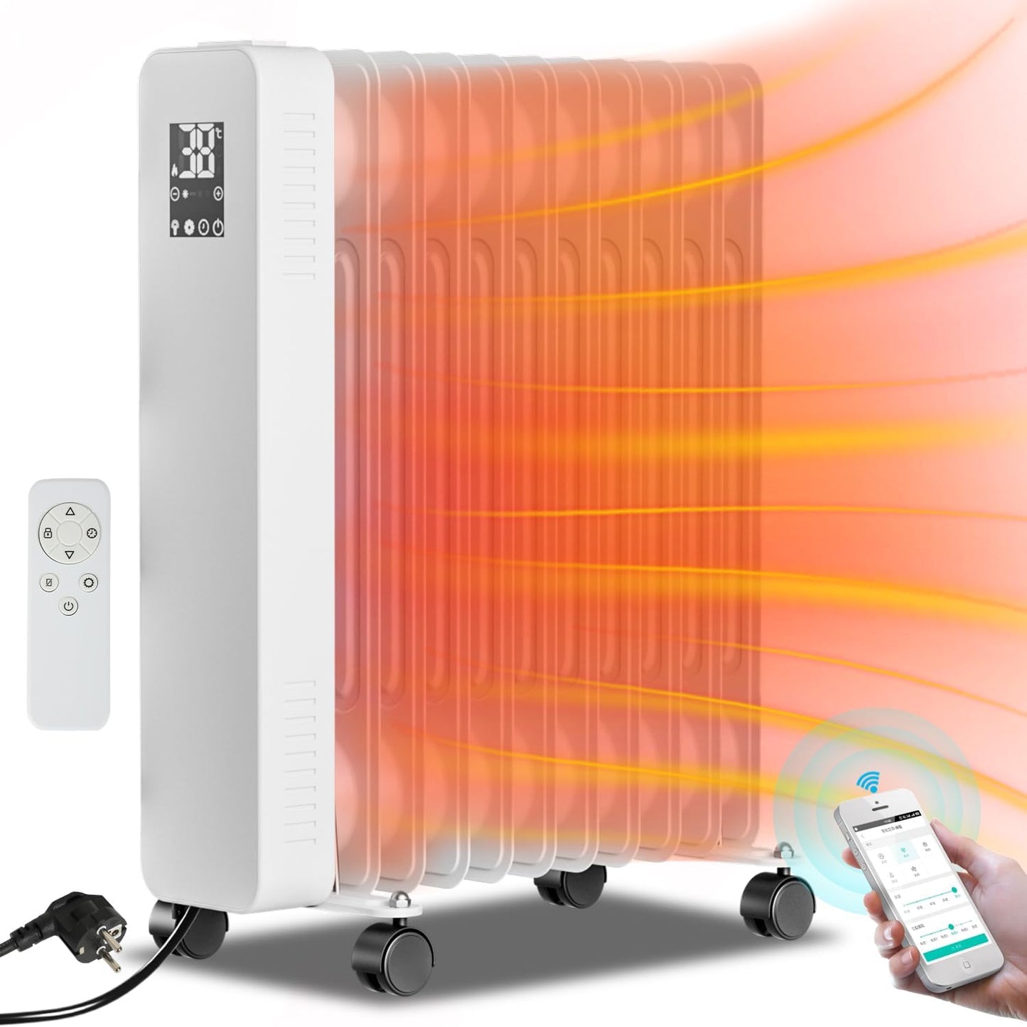 Heizung Fiqops Oil Radiator 2500 W, Energy Saving with 11 Ribs 3 Heat Settings, Thermostat, WiFi App & Remote Control, Digital Display