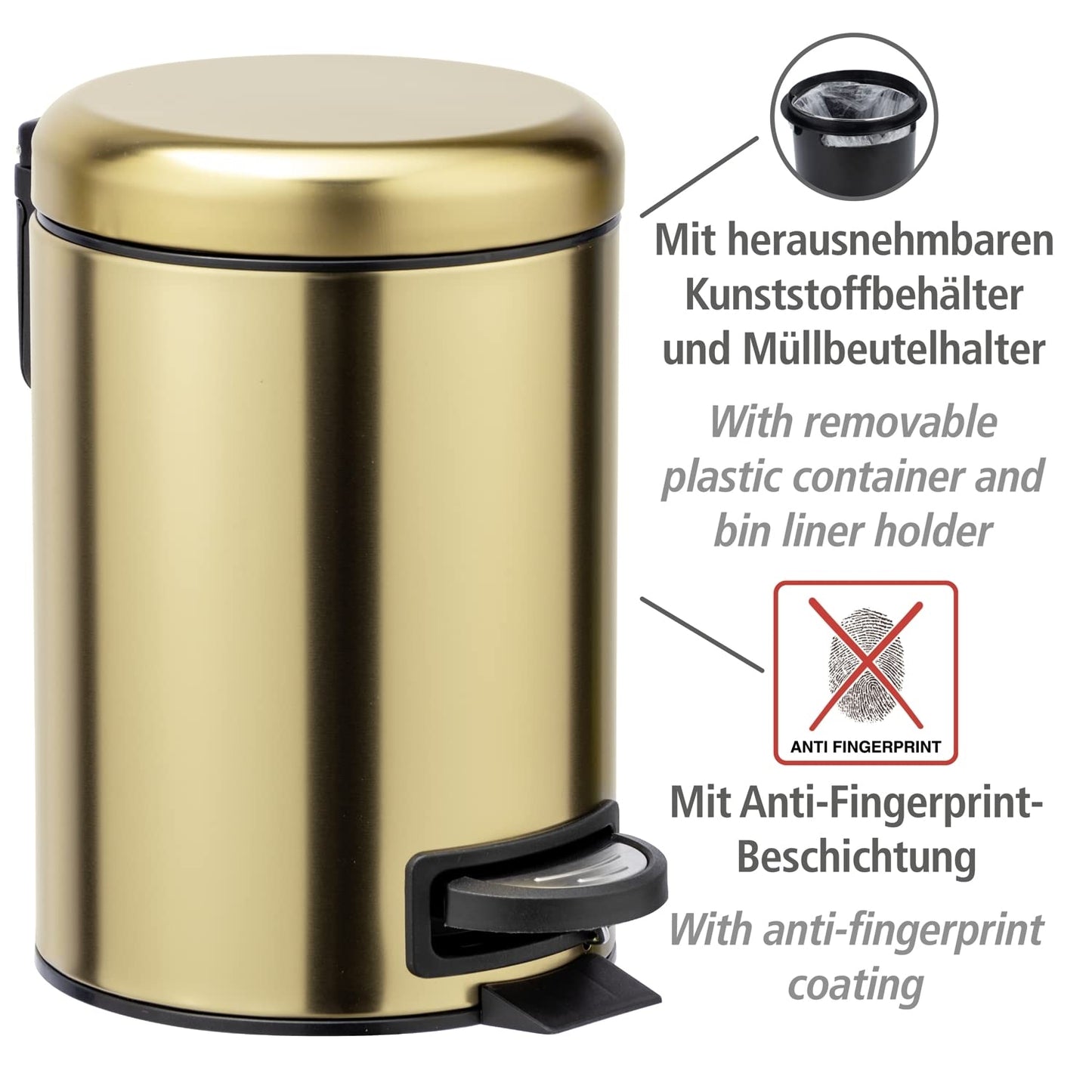 WENKO Leman Cosmetic Pedal Bin Matte Gold 3 L – Cosmetic Bin, Rubbish Bin with Anti-Fingerprint Capacity: 3 litres, stainless steel, 17 x 25 x 22.5 cm, gold