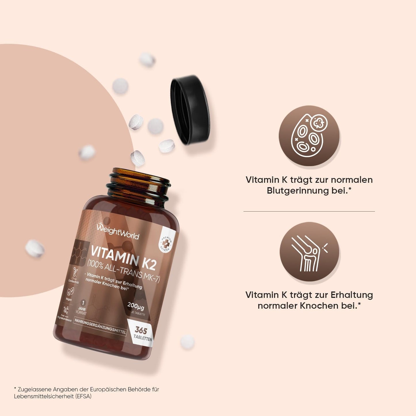 Vitamin K2 MK7-365 Vegan Tablets - 200 µg per Dose - 100% All-Trans Menachinone - 1 Year Supply