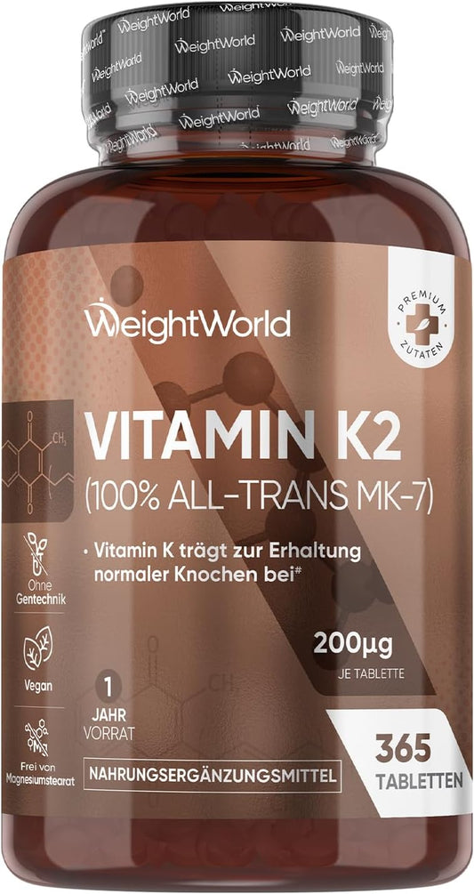 Vitamin K2 MK7-365 Vegan Tablets - 200 µg per Dose - 100% All-Trans Menachinone - 1 Year Supply