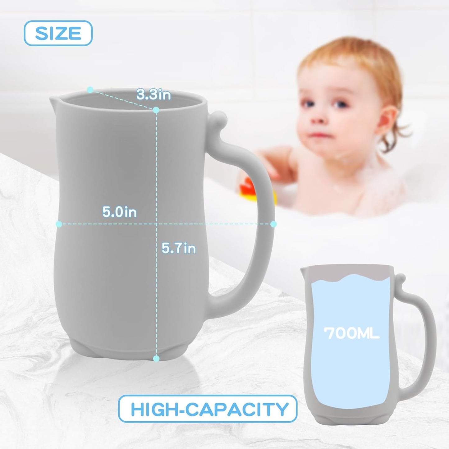 Baby Bath Rinse Cup, Silicone Shampoo Rinse Cup with 2 x Scalp Brushes for Toddlers and Children (Grey)