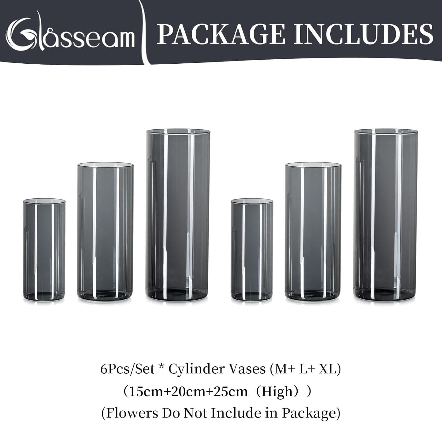 Glasseam Glass Vase Cylinder Vase Grey: Set of 3 Glass Vases Set for Living Room Decorative Glass Cylinder Lantern - Round Flower Vase Modern Glass Vases for Table Decoration Tulips Pampas Grass