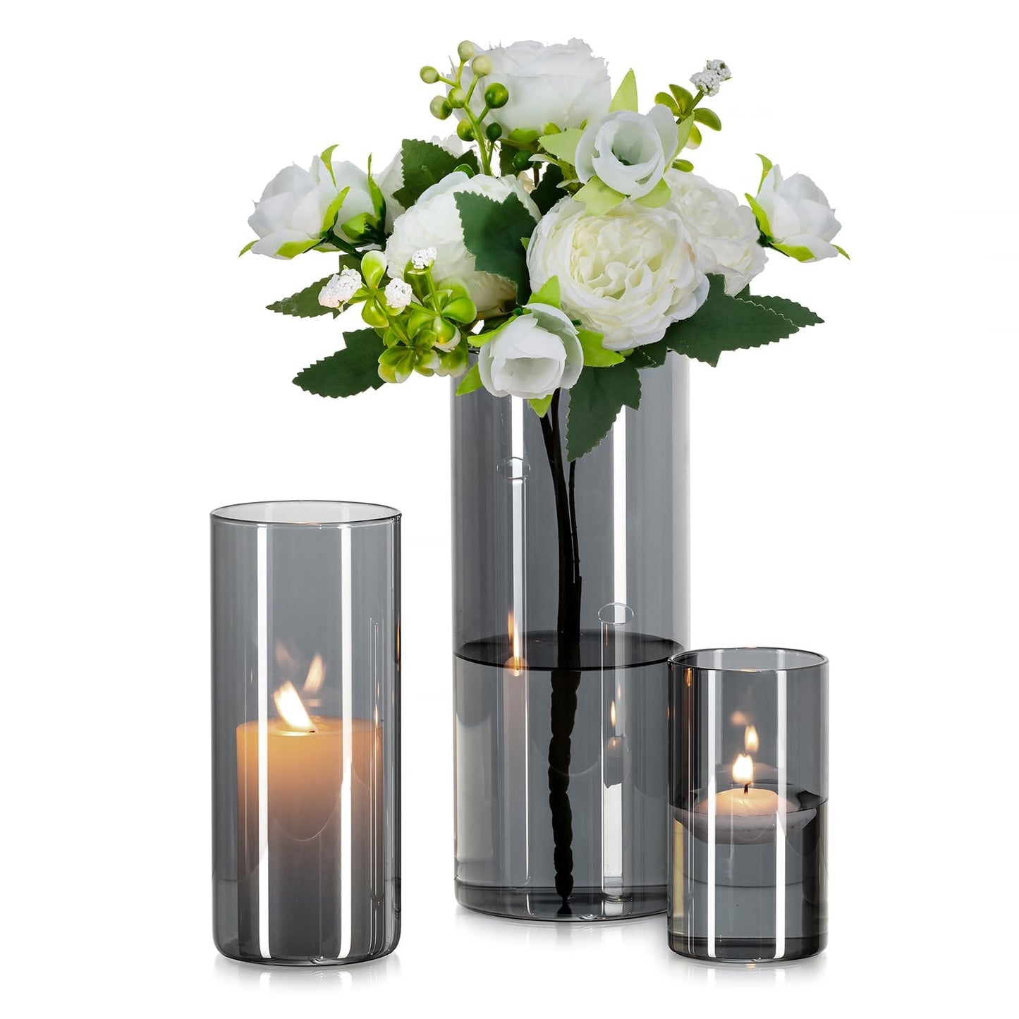 Glasseam Glass Vase Cylinder Vase Grey: Set of 3 Glass Vases Set for Living Room Decorative Glass Cylinder Lantern - Round Flower Vase Modern Glass Vases for Table Decoration Tulips Pampas Grass