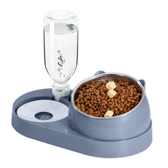 Cat Feeding Station with Automatic Water Bottle, 2-in-1 Raised Bowl Made of Stainless Steel
