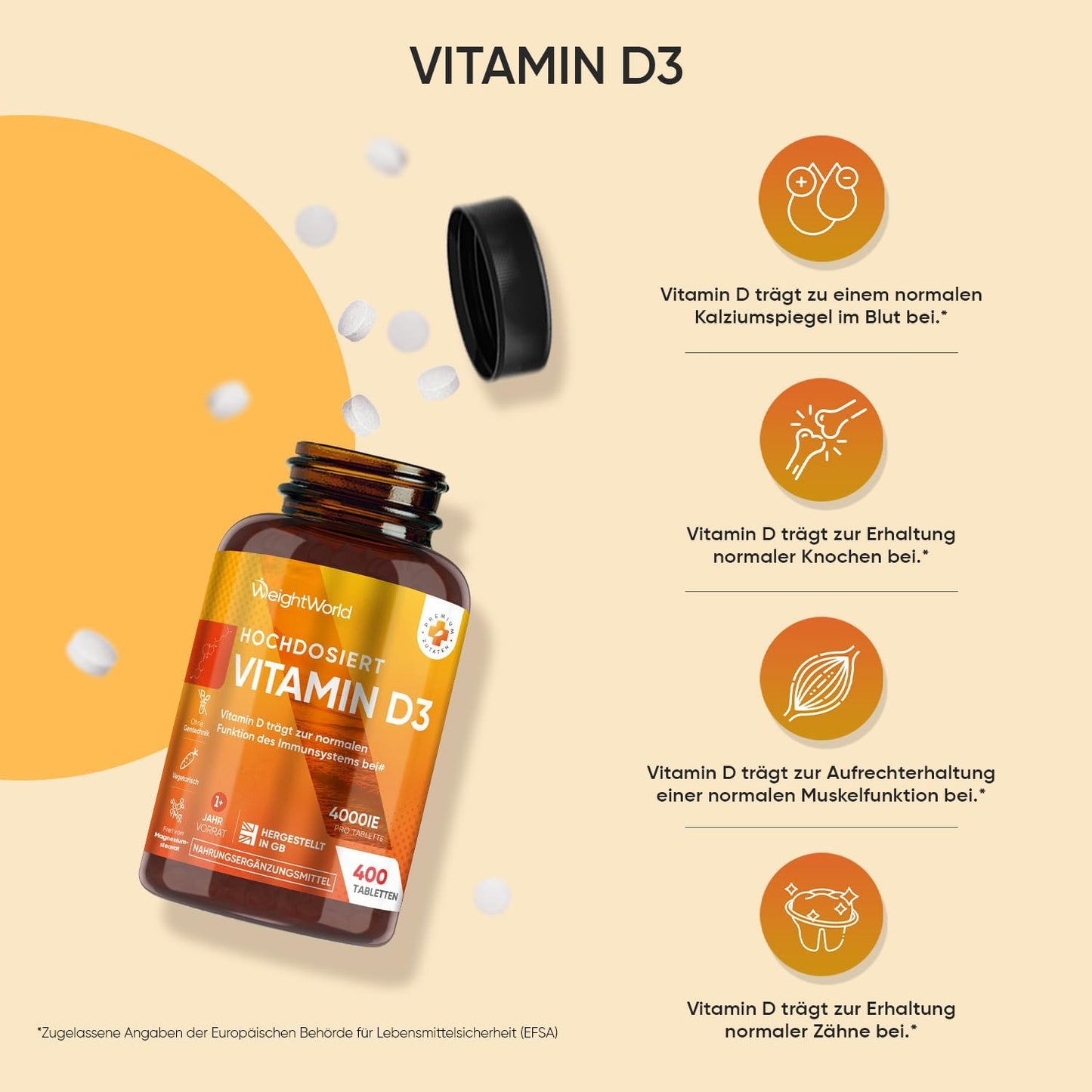 Vitamin D3 4000 IE - 400 Tabletten - Vitamin D trägt zur Erhaltung normaler Knochen - Sonnenvitamin - Cholecalciferol - Frei von Magnesiumstearat, Ohne Zusatzstoffe