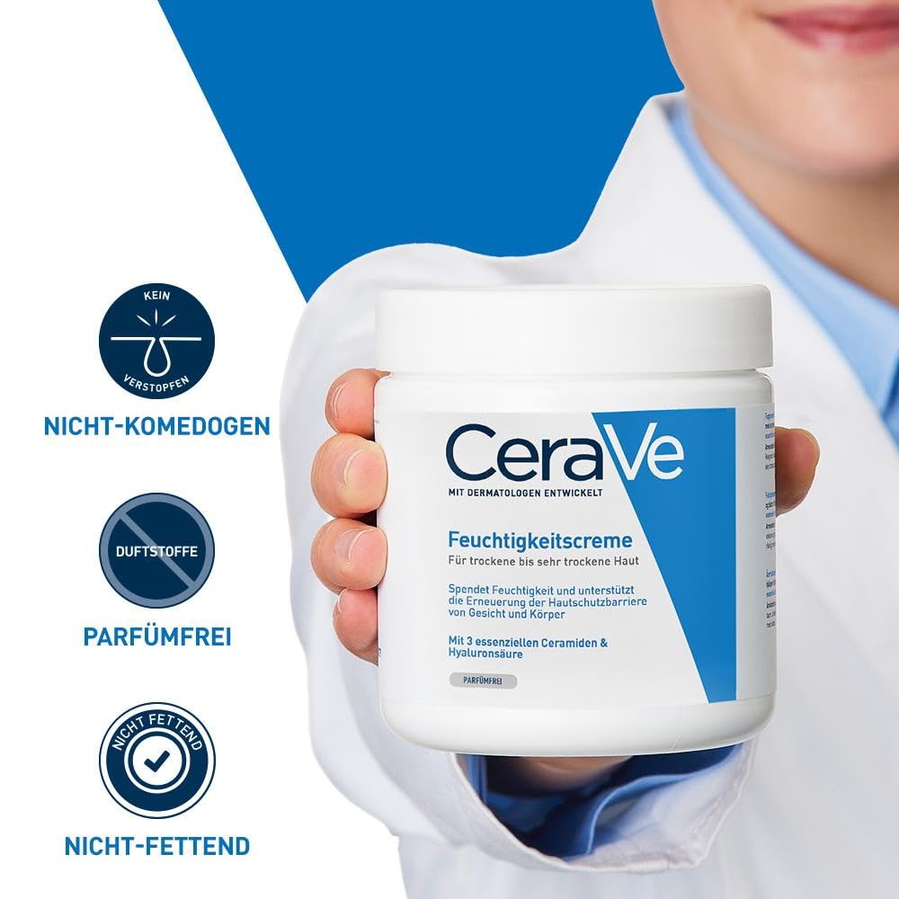 CeraVe Feuchtigkeitscreme für Körper und Gesicht, für trockene bis sehr trockene Haut, Mit Hyaluron und 3 essenziellen Ceramiden, Auch bei Neurodermitis und für Allergiker