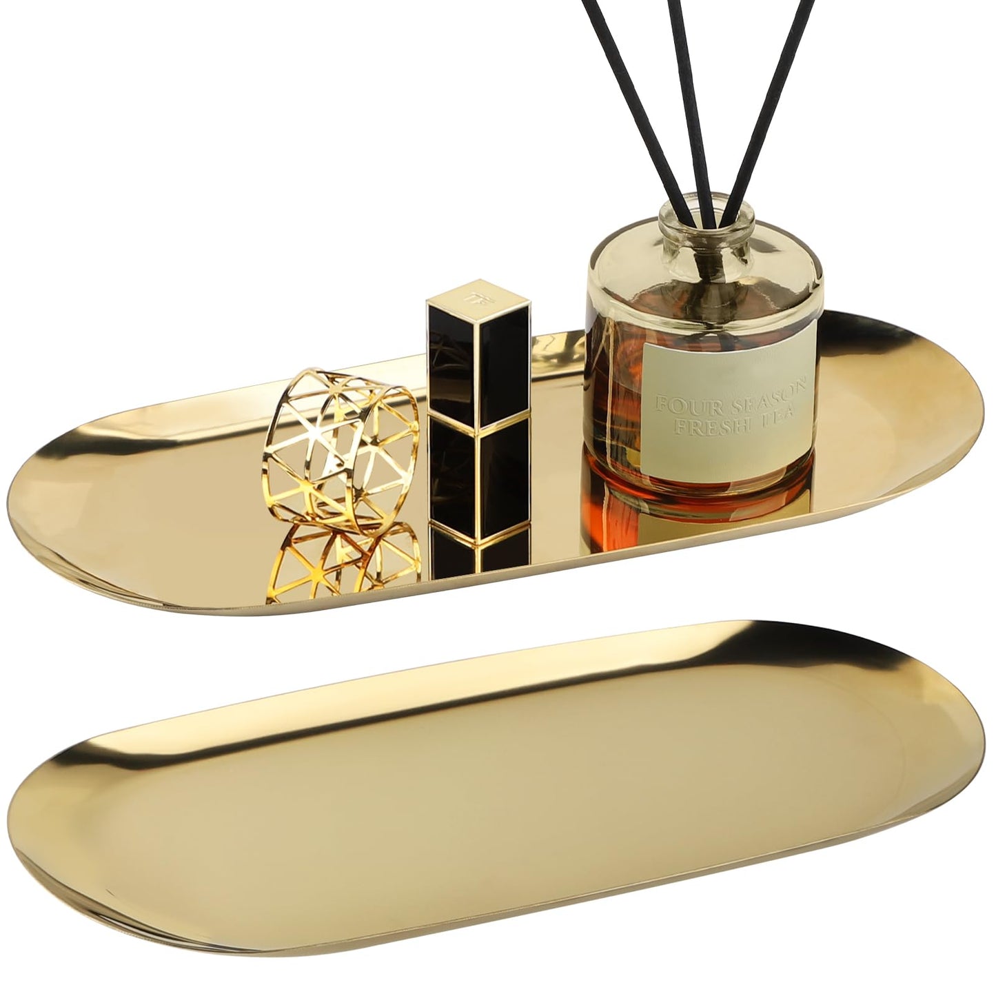 EXLECO 2 Badzimmer Deko Tablett Gold Servierplatte Mini Bad Dekotablett Edelstahl Serviertablett Schmuckschale Kerzentablett Oval Ablageschale für Schmuck Kerzen