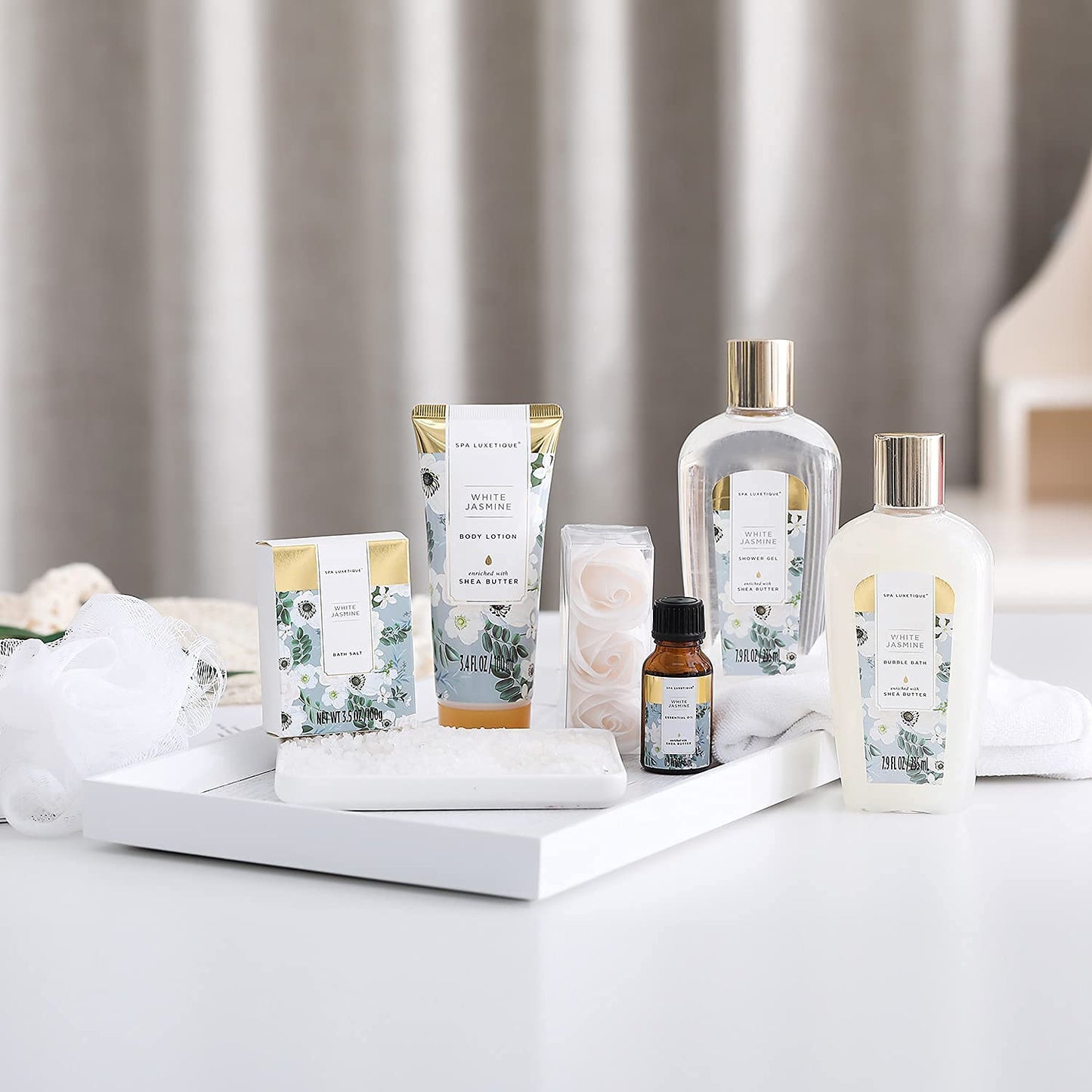 SPA LUXETIQUE Wellness Set für Frauen - 8tlg Rosenduft Bade Geschenkset für Frauen, Geburtstagsgeschenk Beauty Set mit Deko Badewanne