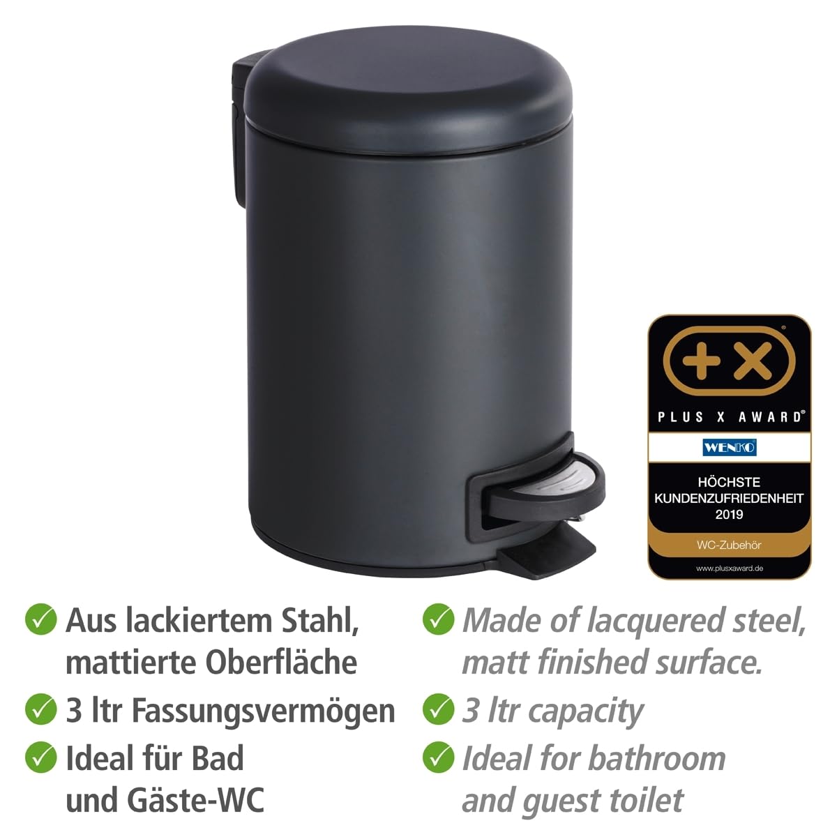 WENKO Leman Cosmetic Pedal Bin Matte Gold 3 L – Cosmetic Bin, Rubbish Bin with Anti-Fingerprint Capacity: 3 litres, stainless steel, 17 x 25 x 22.5 cm, gold