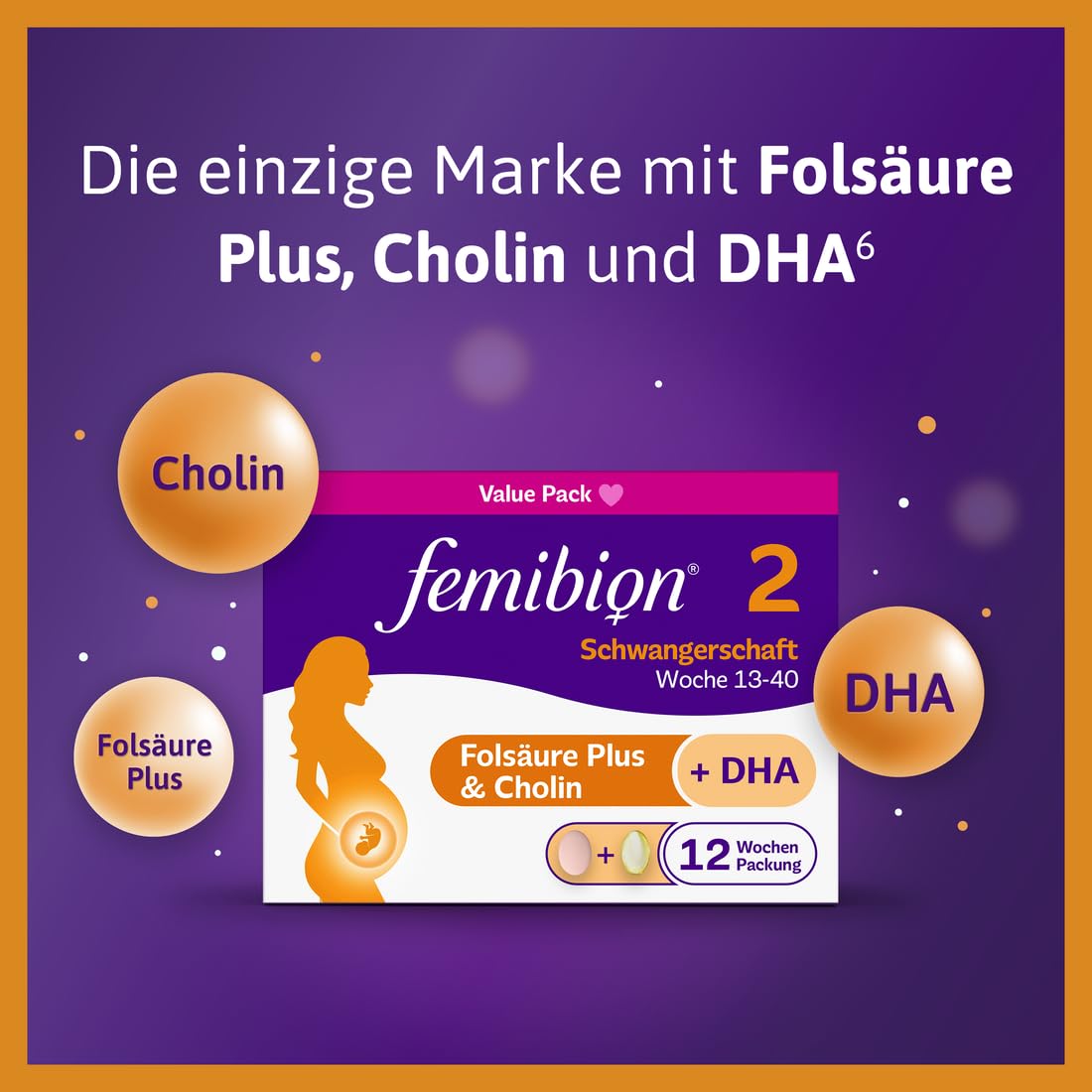 Femibion 2 Pregnancy, Daily Dietary Supplement for SSW 13-40, with Folic Acid Plus (*3), Choline, DHA, 4 Week Pack, 2 x 28 Pieces