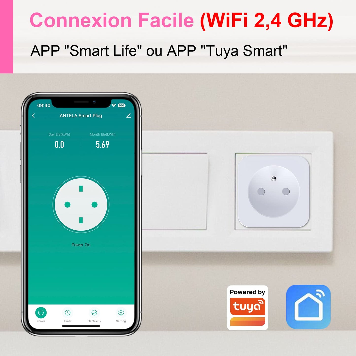 WLAN Smart Steckdose 16A Stromverbrauch Messen kompatibel mit Alexa/Google Home, Kinderschutz, Smart Life