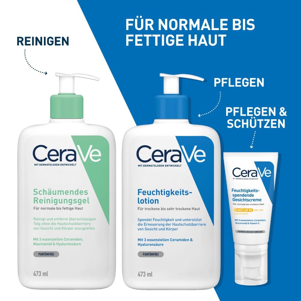 CeraVe Schäumendes Reinigungsgel und Feuchtigkeitslotion, Mit Hyaluronsäure, Für Gesicht und Körper, Ohne Duftstoffe, Auch bei Neurodermitis und Allergien, 473 ml + 88 ml