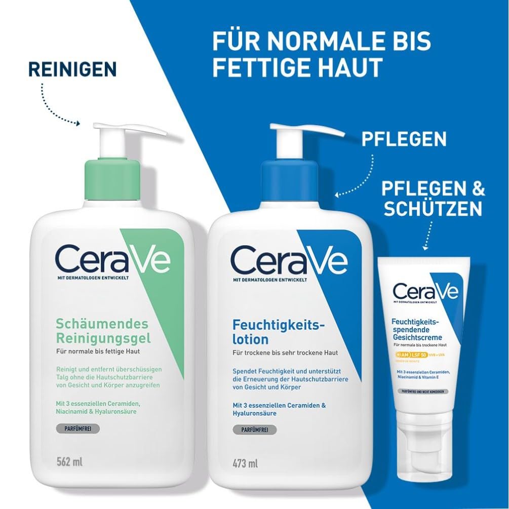 CeraVe Schäumendes Reinigungsgel und Feuchtigkeitslotion, Mit Hyaluronsäure, Für Gesicht und Körper, Ohne Duftstoffe, Auch bei Neurodermitis und Allergien, 473 ml + 88 ml