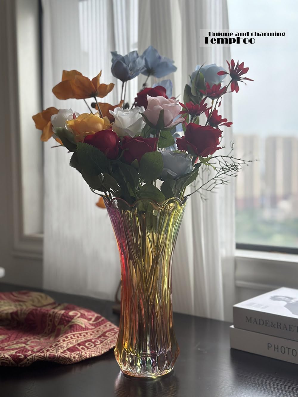 Black Grey Vase, Flower Vase, Large Tall Glass Vases for Decoration, Aesthetic, Large Glass Vase with Ribbed Texture, Modern Living Room, Black Art Decoration