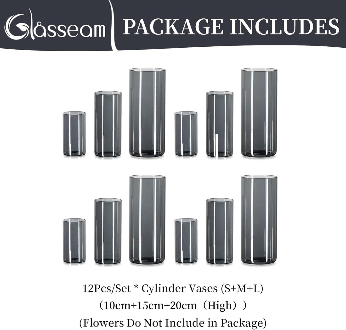 Glasseam Glass Vase Cylinder Vase Grey: Set of 3 Glass Vases Set for Living Room Decorative Glass Cylinder Lantern - Round Flower Vase Modern Glass Vases for Table Decoration Tulips Pampas Grass