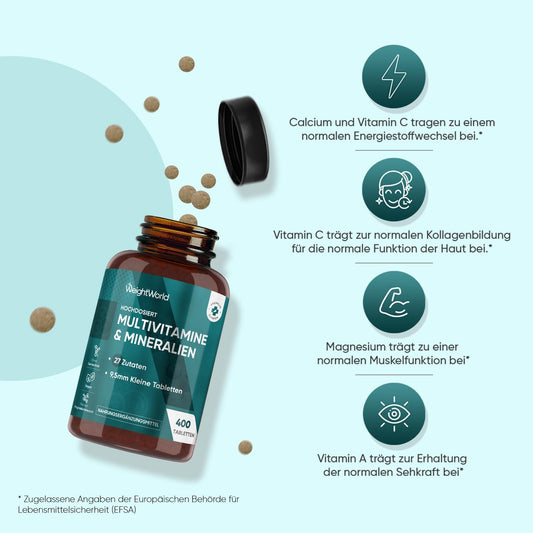 Multivitamin Tablets, 400 Vegan Pieces with 27 Vitamins and Minerals, Vitamin A to Z, Immune System, Energy and Metabolism (EFSA), Dietary Supplement for Men and Women