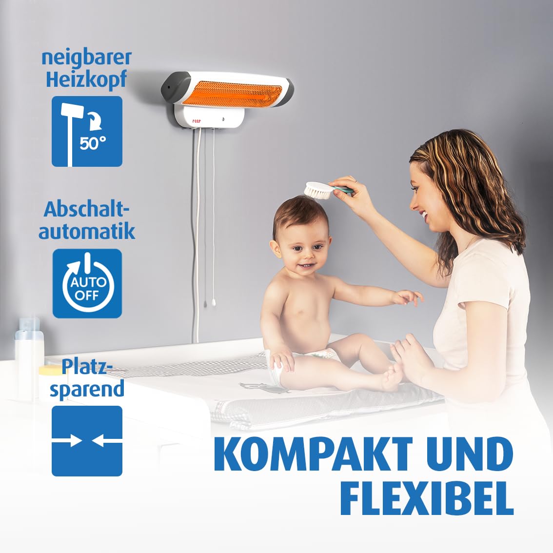 Heizstrahler - Heater for Wall Mounting, 2 Heat Settings, Timer, Medical Standard Tested