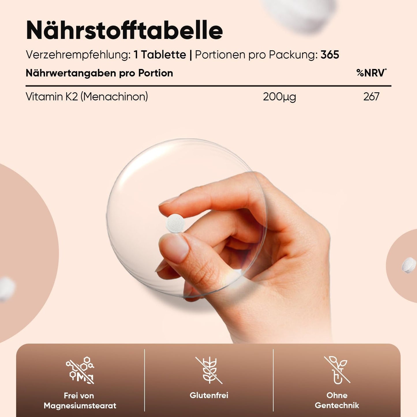 Vitamin K2 MK7-365 Vegan Tablets - 200 µg per Dose - 100% All-Trans Menachinone - 1 Year Supply