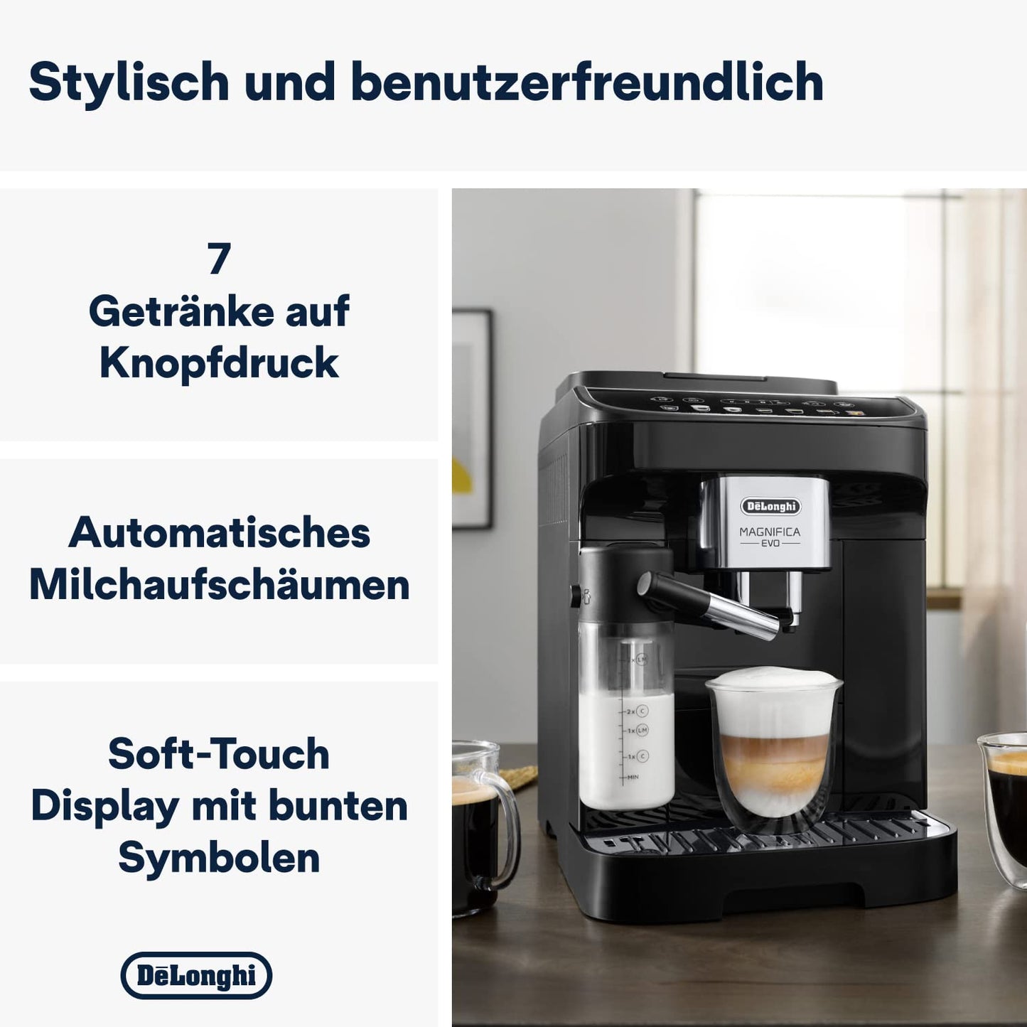 De'Longhi Fully Automatic Coffee Machine with LatteCrema Milk System, 7 Direct Selection Buttons for Cappuccino, Espresso