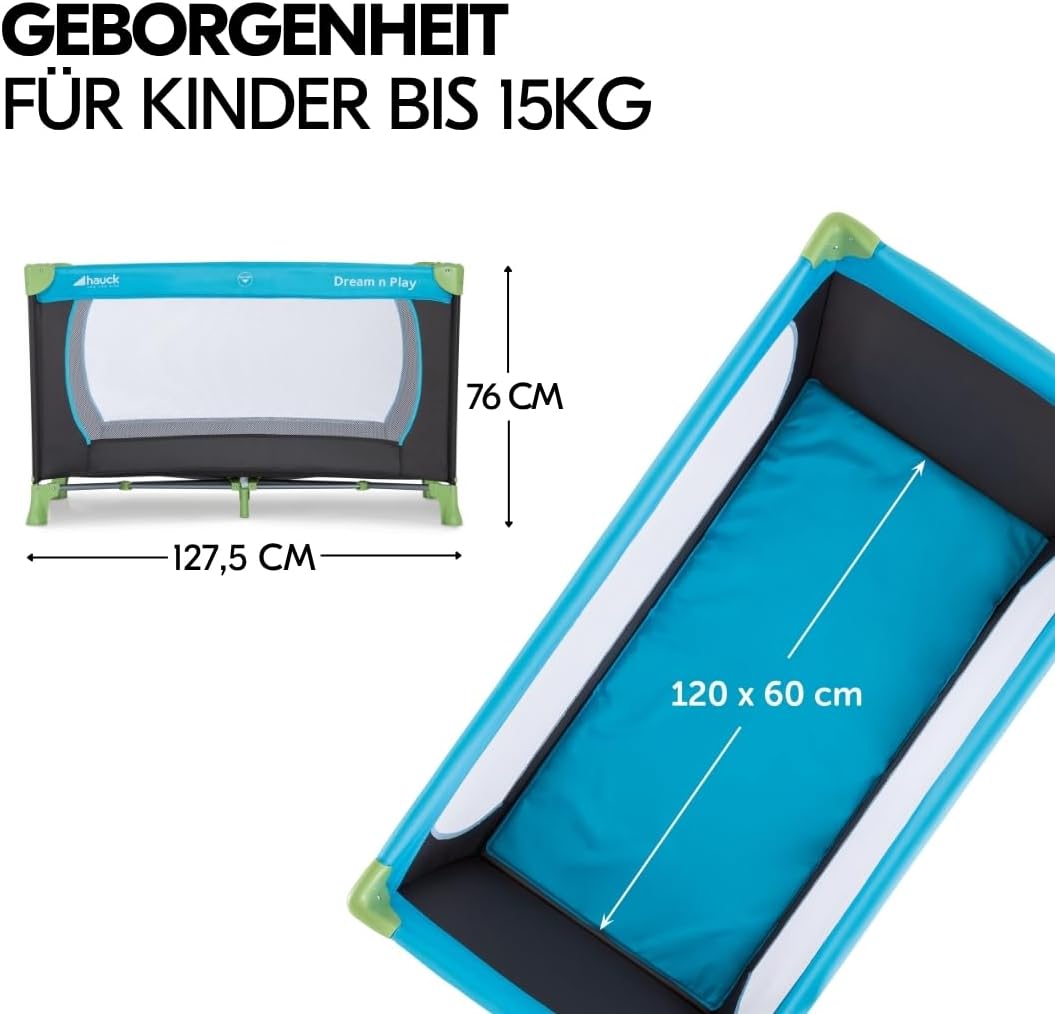 hauck Dream n Play Baby Travel Cot Set with Mattress - Foldable Children's Baby Travel Cot with Bag - Blue Water Blue