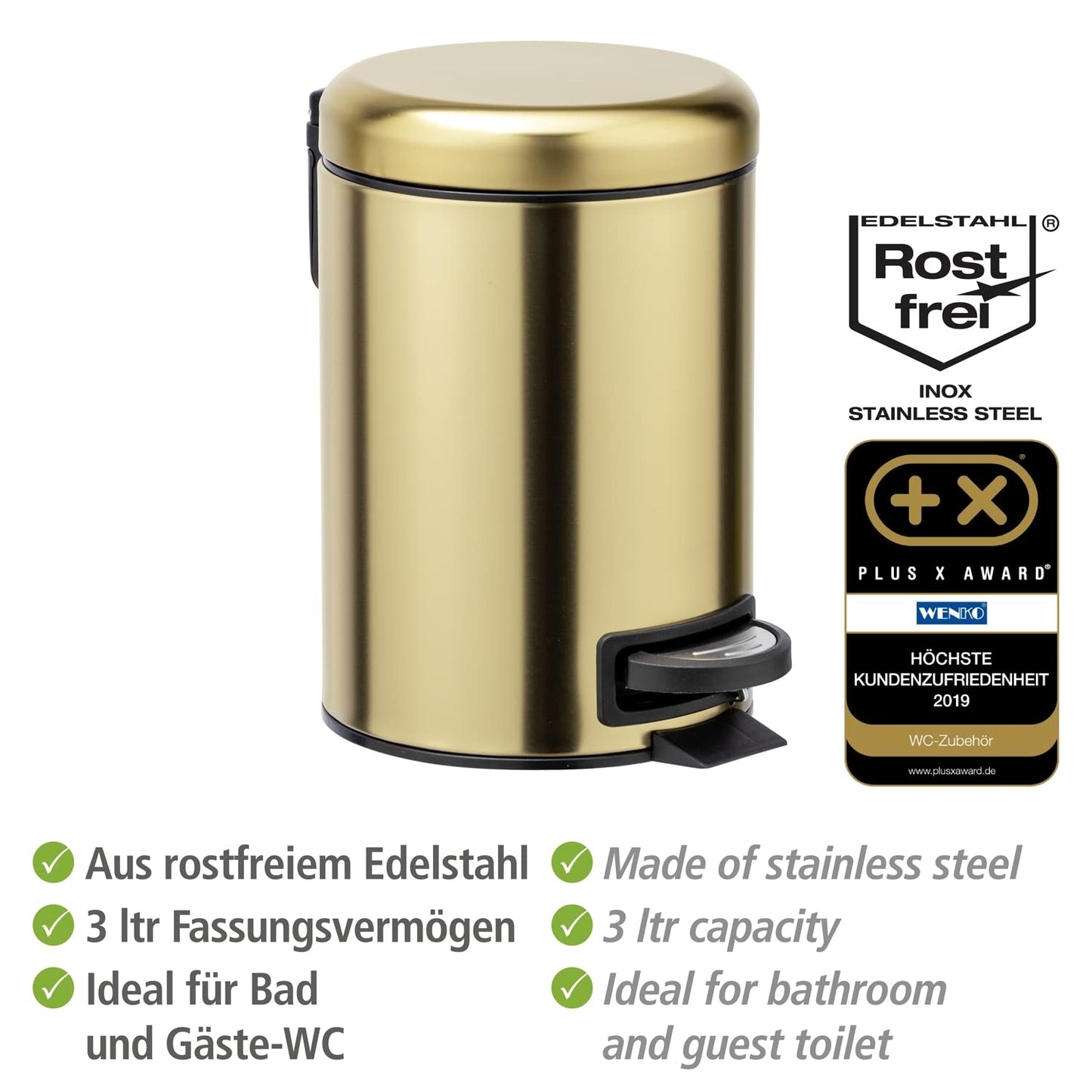 WENKO Leman Cosmetic Pedal Bin Matte Gold 3 L – Cosmetic Bin, Rubbish Bin with Anti-Fingerprint Capacity: 3 litres, stainless steel, 17 x 25 x 22.5 cm, gold