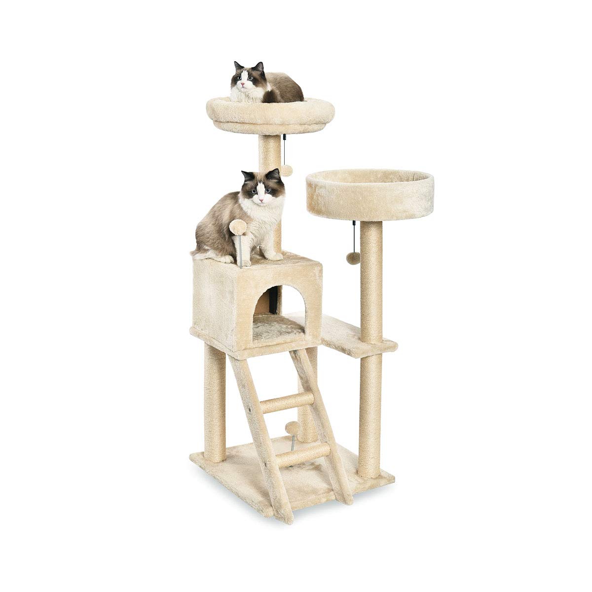 Großer Katzenkratzbaum mit zwei Plattformen und Häuschen, mehrstöckig, beige