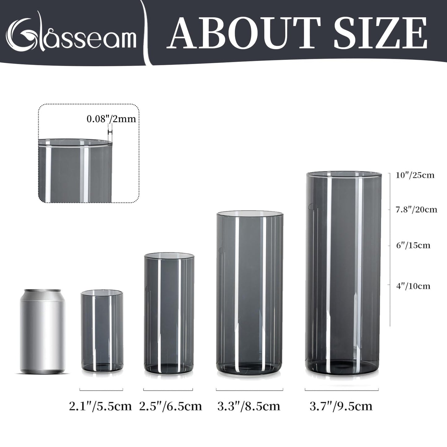 Glasseam Glass Vase Cylinder Vase Grey: Set of 3 Glass Vases Set for Living Room Decorative Glass Cylinder Lantern - Round Flower Vase Modern Glass Vases for Table Decoration Tulips Pampas Grass