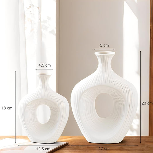 Keramik Vase Weiß Matt Rund Deko Vasen Set 2er Moderne Boho Blumenvase für tulpen pampasgras passend für Wohnzimmer Schlafzimmer Büro
