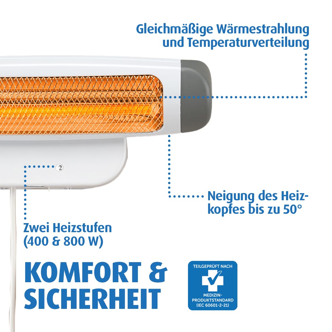 Heizstrahler - Heater for Wall Mounting, 2 Heat Settings, Timer, Medical Standard Tested