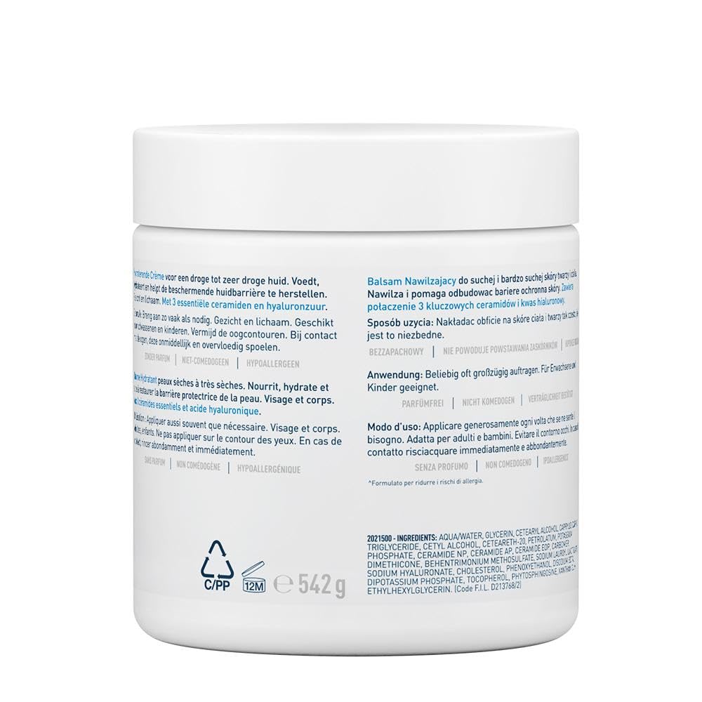 CeraVe Feuchtigkeitscreme für Körper und Gesicht, für trockene bis sehr trockene Haut, Mit Hyaluron und 3 essenziellen Ceramiden, Auch bei Neurodermitis und für Allergiker