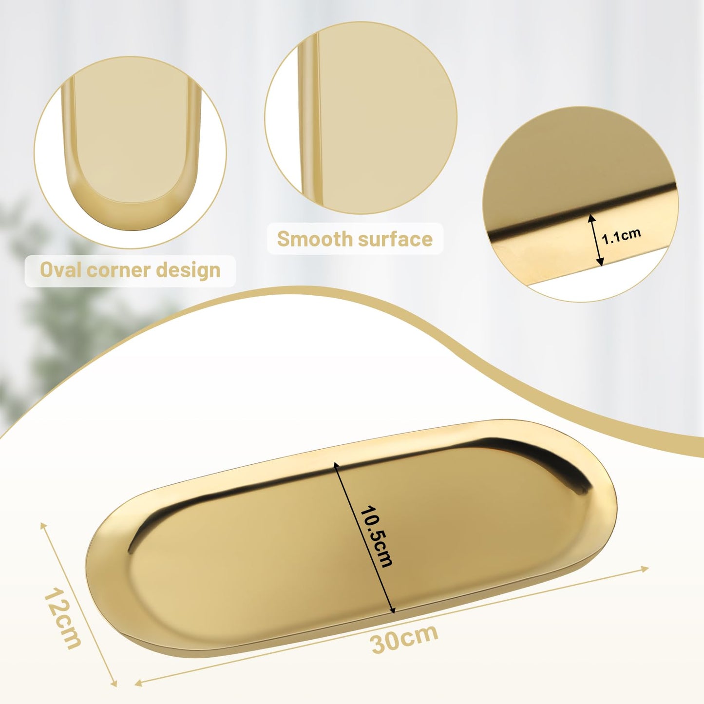 EXLECO 2 Badzimmer Deko Tablett Gold Servierplatte Mini Bad Dekotablett Edelstahl Serviertablett Schmuckschale Kerzentablett Oval Ablageschale für Schmuck Kerzen