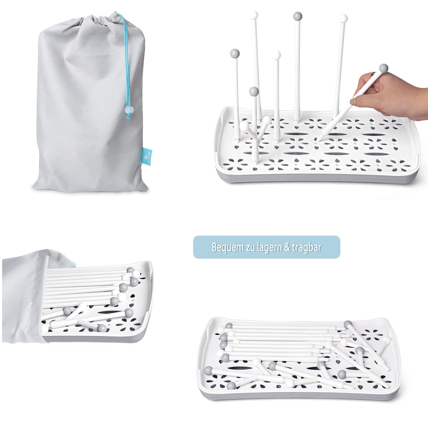 Trockenständer Babyflaschen, Abtropfgestell für Babyflaschen, Flaschen, grauSaugern