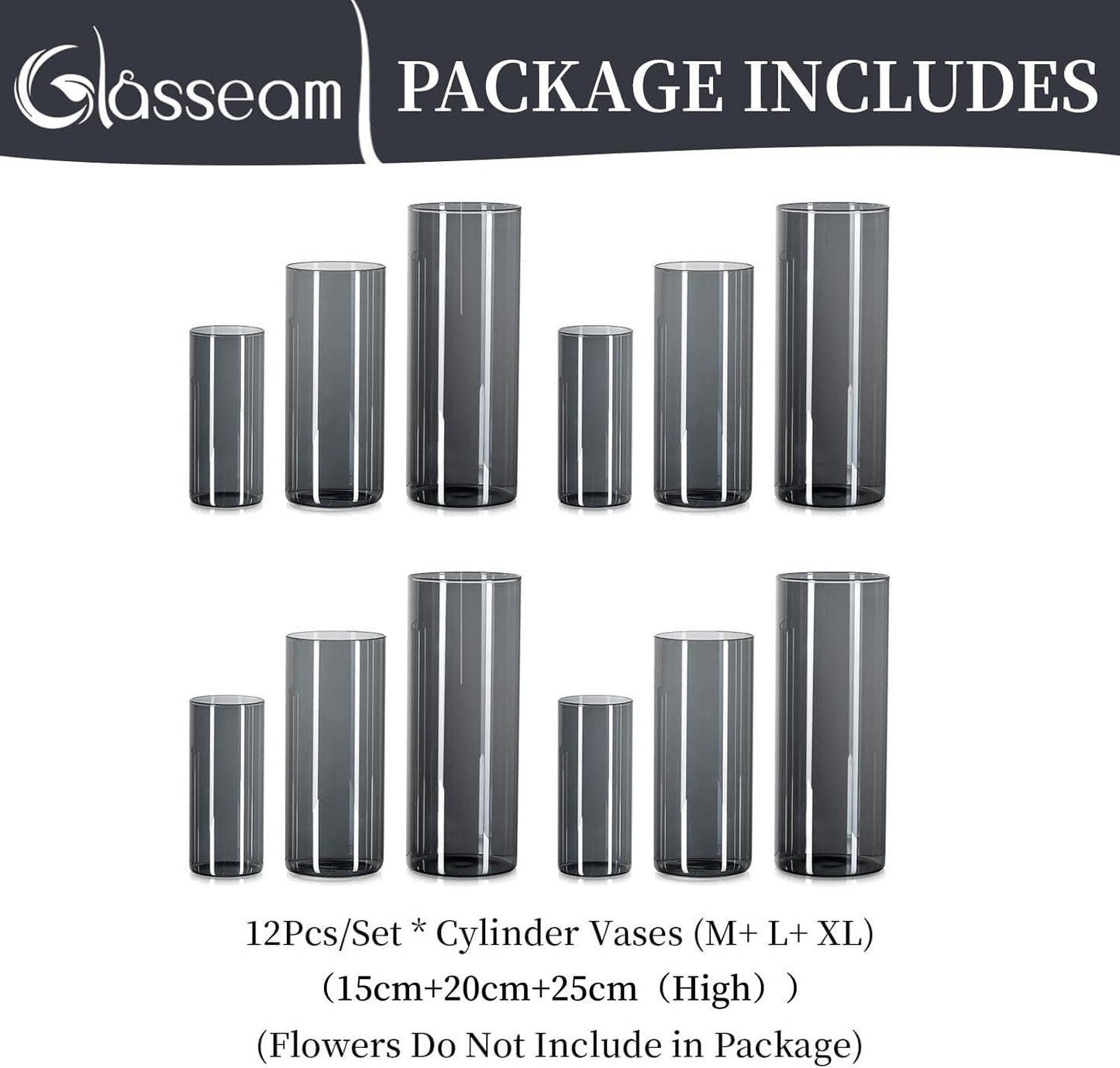 Glasseam Glass Vase Cylinder Vase Grey: Set of 3 Glass Vases Set for Living Room Decorative Glass Cylinder Lantern - Round Flower Vase Modern Glass Vases for Table Decoration Tulips Pampas Grass