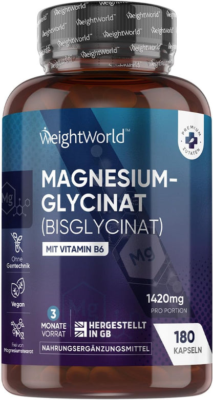 Magnesium Bisglycinat Kapseln - 1420mg Magnesiumbisglycinat mit Vitamin B6-200mg elementes Magnesium - Glycinat Form - 180 vegane Kapseln - 3 Monate Vorrat - Alternative zu Pulver