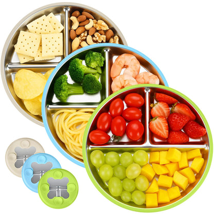 Geschirr Set 6 x Stainless Steel Baby Plates with Suction Cup, 2 Porridge Bowls Baby Bowl and 2 Spoon Forks