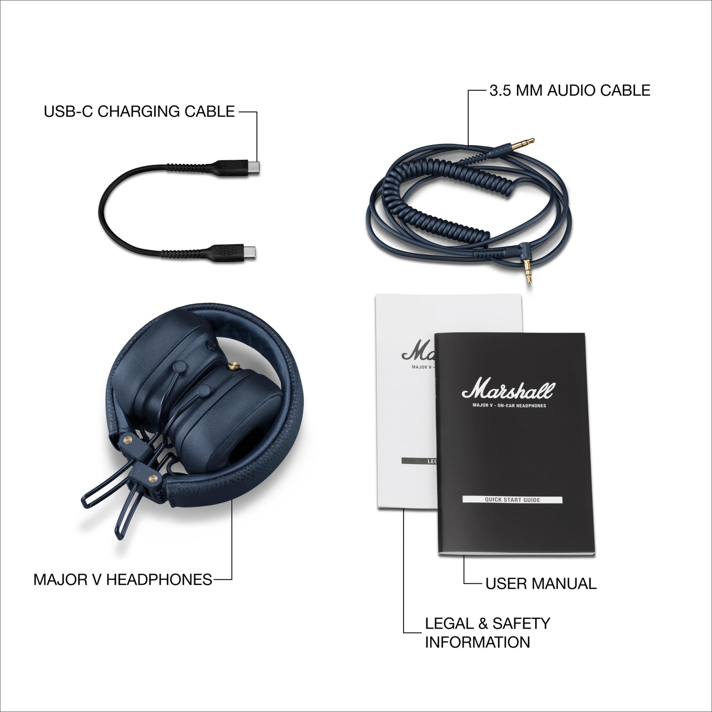 Marshall Major V Bluetooth Headphones, 100 Hours Playtime - Black