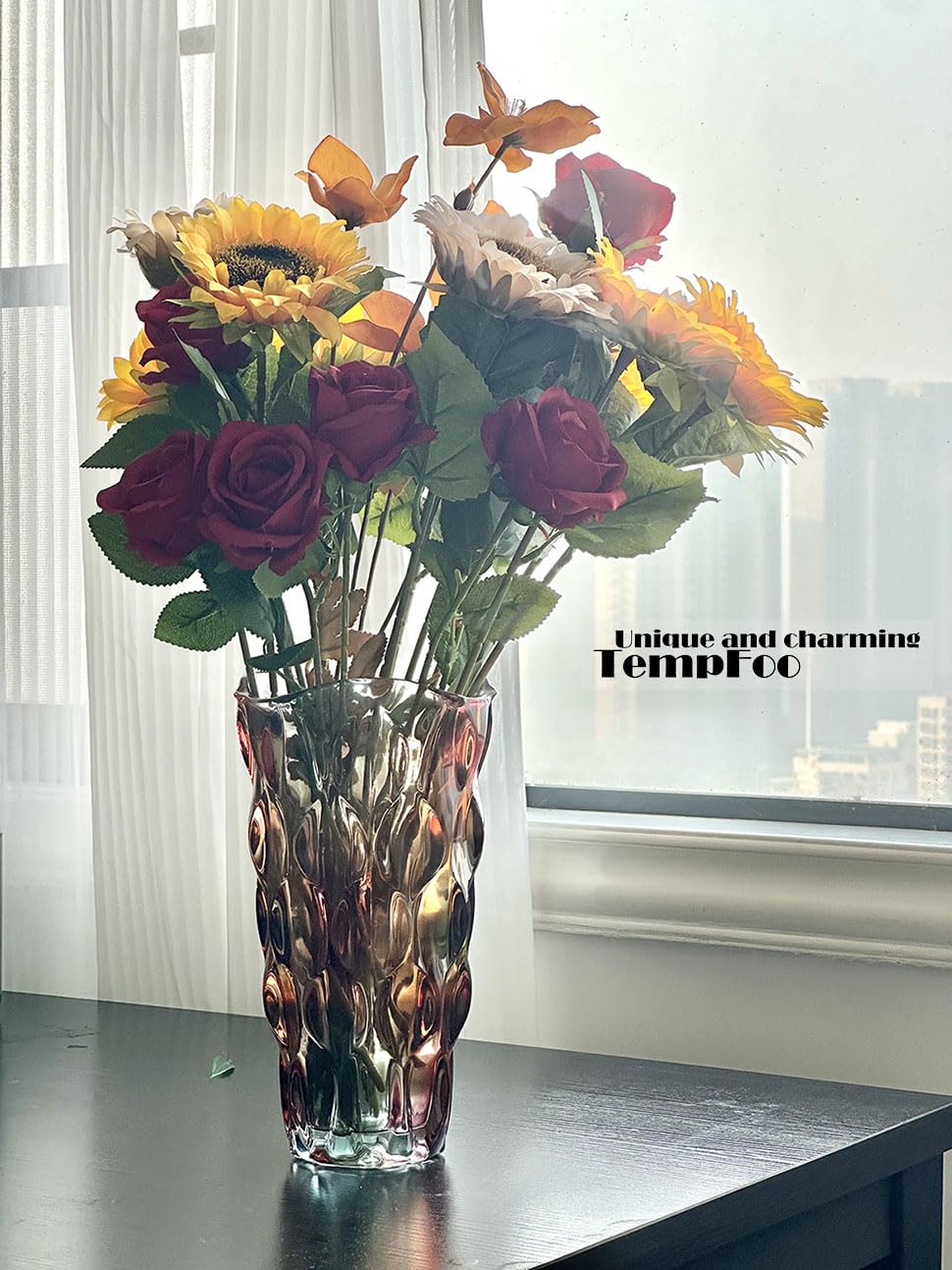 Black Grey Vase, Flower Vase, Large Tall Glass Vases for Decoration, Aesthetic, Large Glass Vase with Ribbed Texture, Modern Living Room, Black Art Decoration