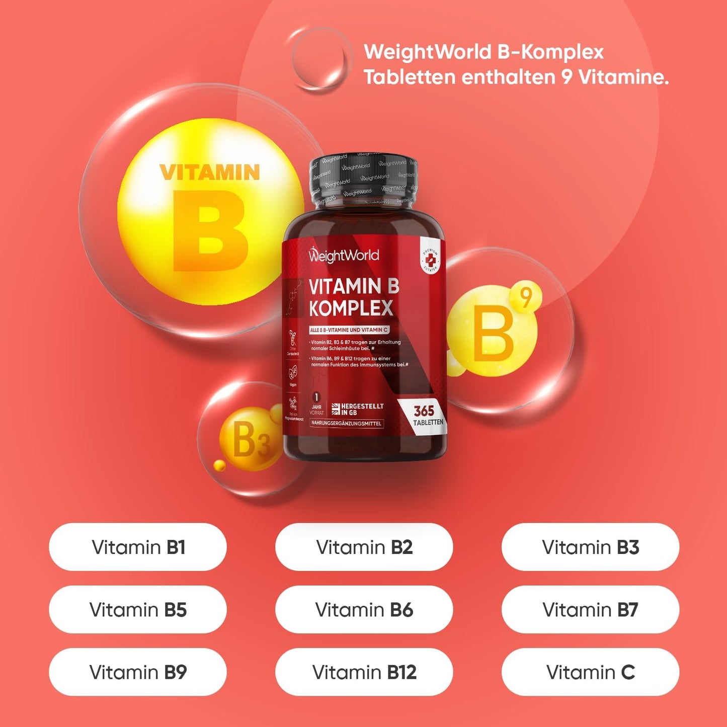 Vitamin B Complex - With Vitamin C - 365 Tablets - All 8 B Vitamins (B1, B2, B3, B5, B6, B7, B9, B12) - 1 Year Supply - Nervous System, Metabolism, Mental Function - Niacin, Biotin, Folic Acid