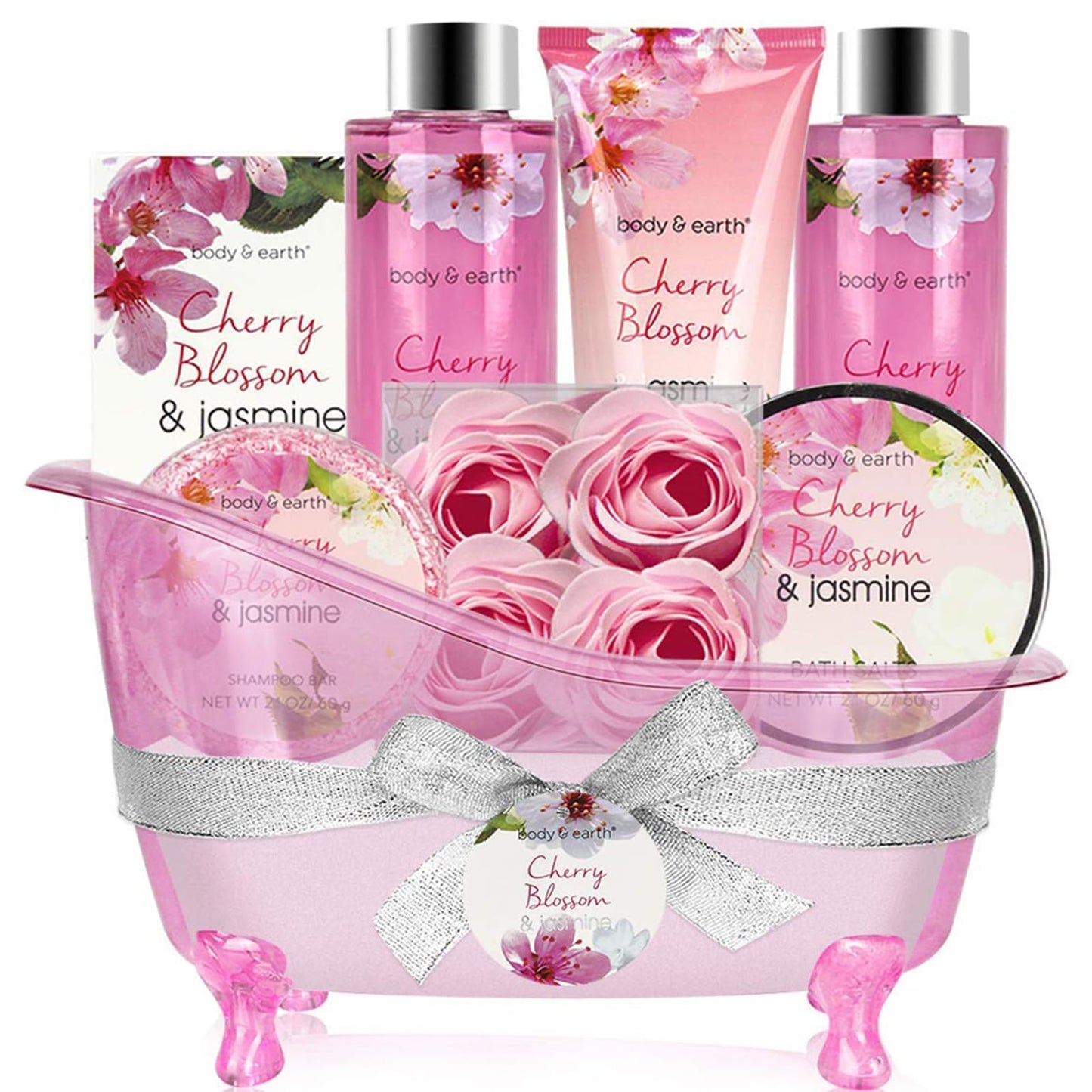 Body & Earth 8-Piece Spa Gift Set for Women, Cherry Blossom and Jasmine Fragrance, Bubble Bath, Shower Gel, Bath Salt, Body Lotion
